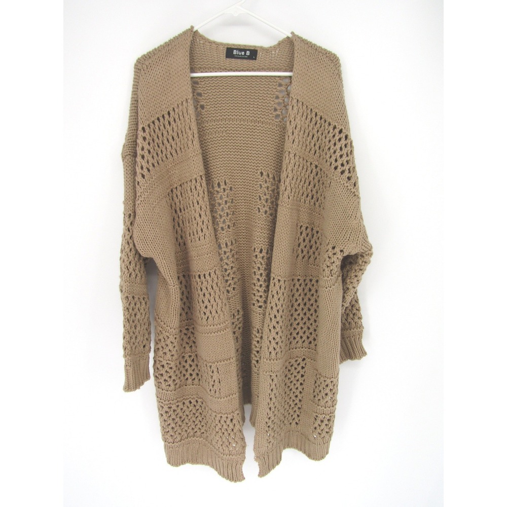 Tan Cardigan Large Open Knit Chunky Long Sleeve Boho Coastal Crochet Earthy Fall